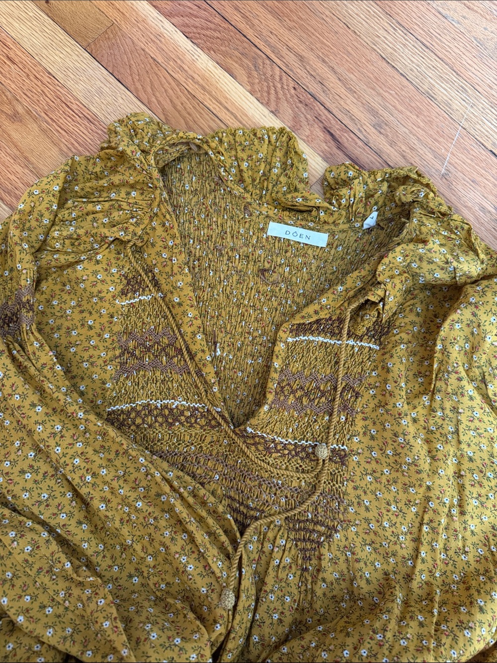 Doen Mustard Floral Peasant Dress with Smocked Yoke - Picture 2 of 6